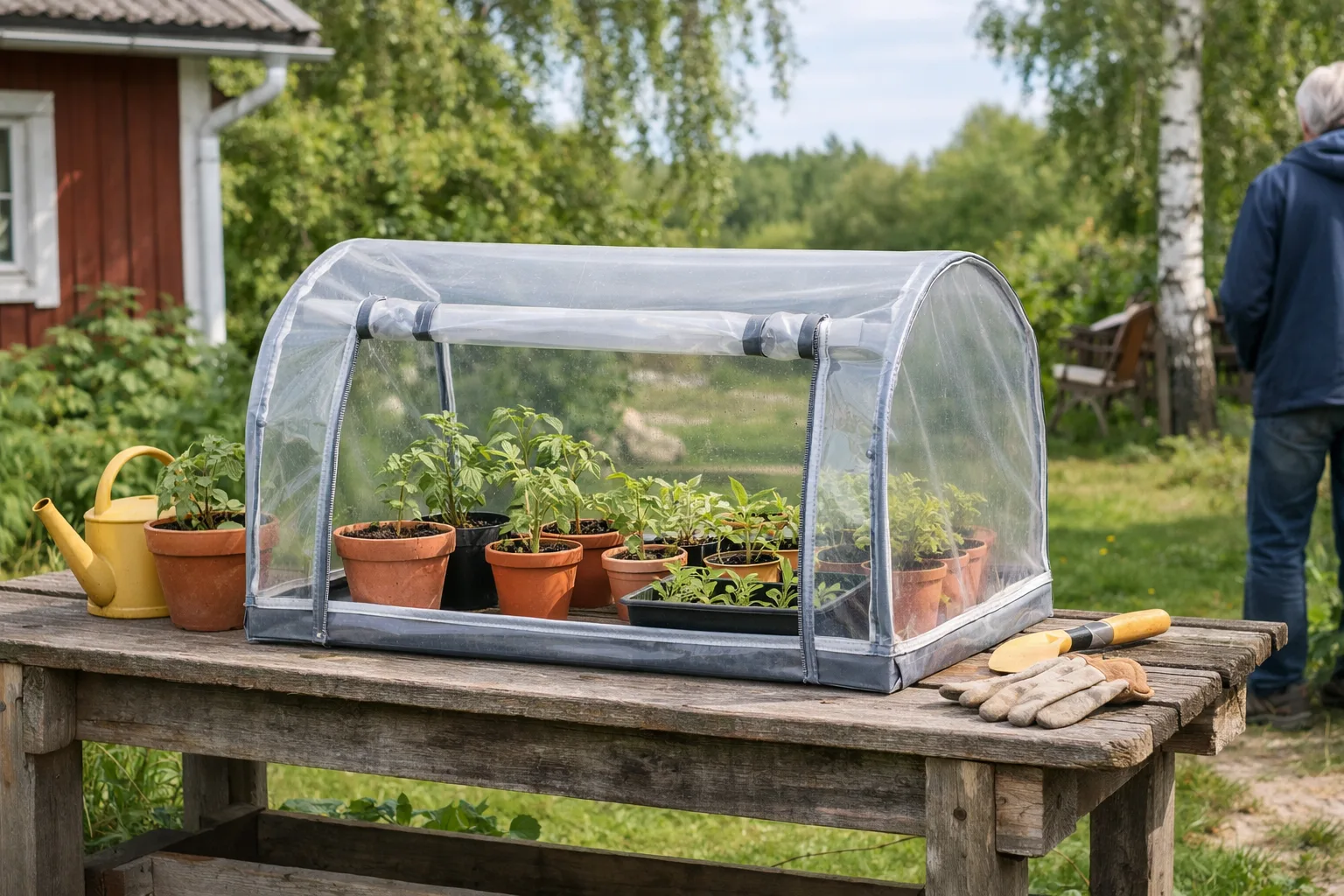 Enkelt plastväxthus med små plantor.