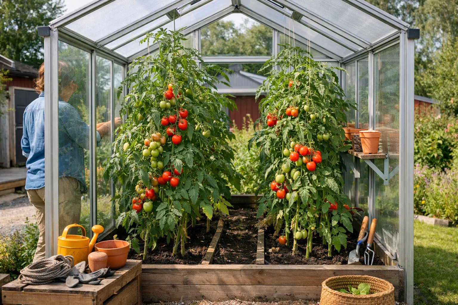 Tomatplantor i ett litet högt växthus.