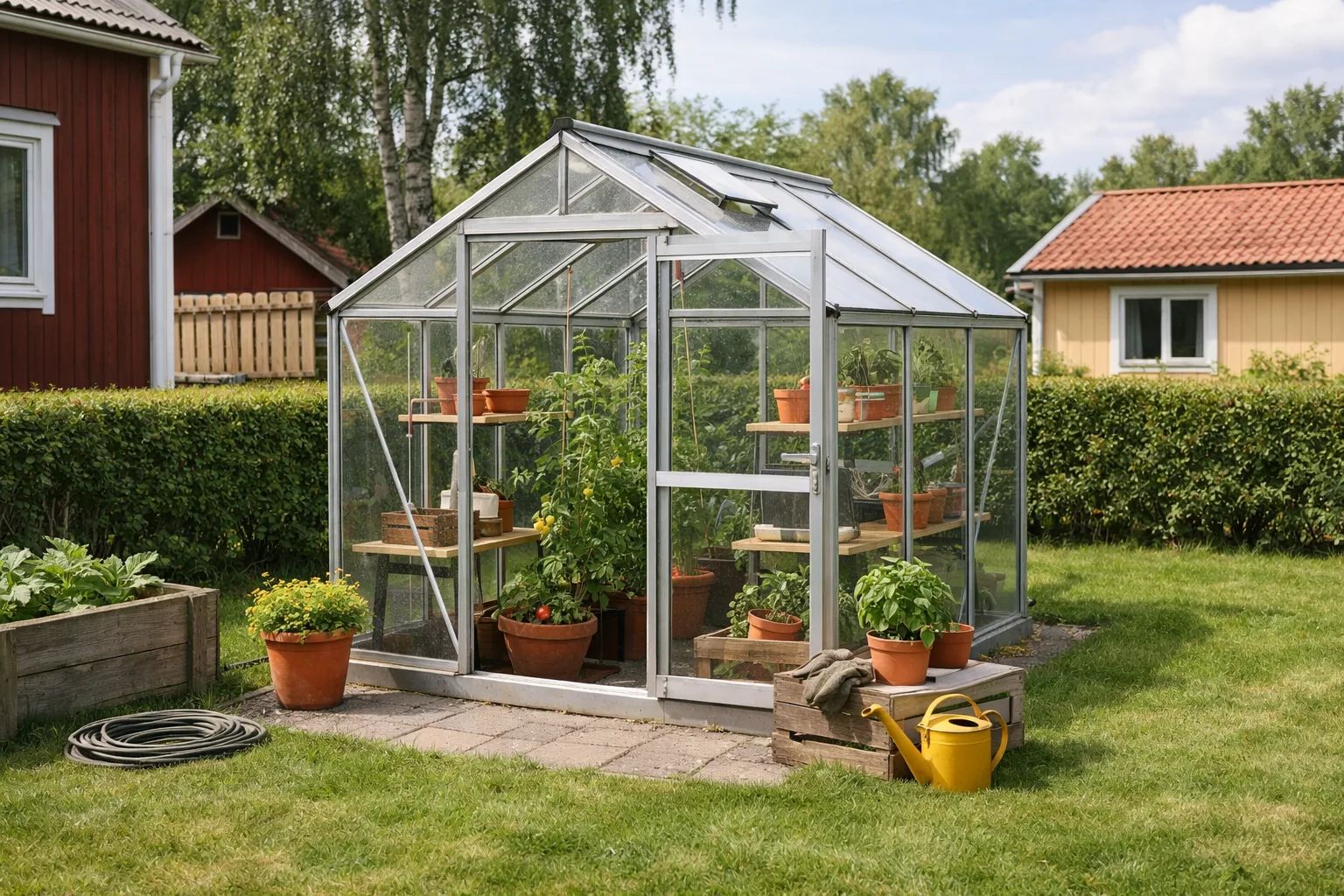Litet glasväxthus på en villatomt.