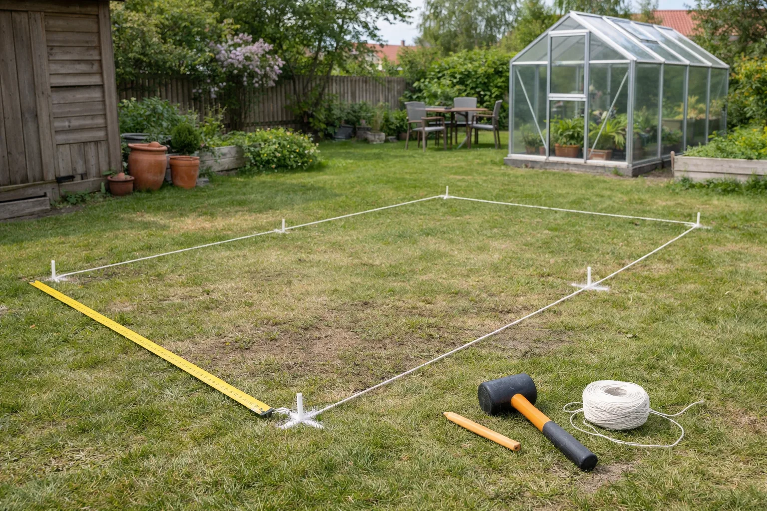 Måttband vid markering av plats för växthus.