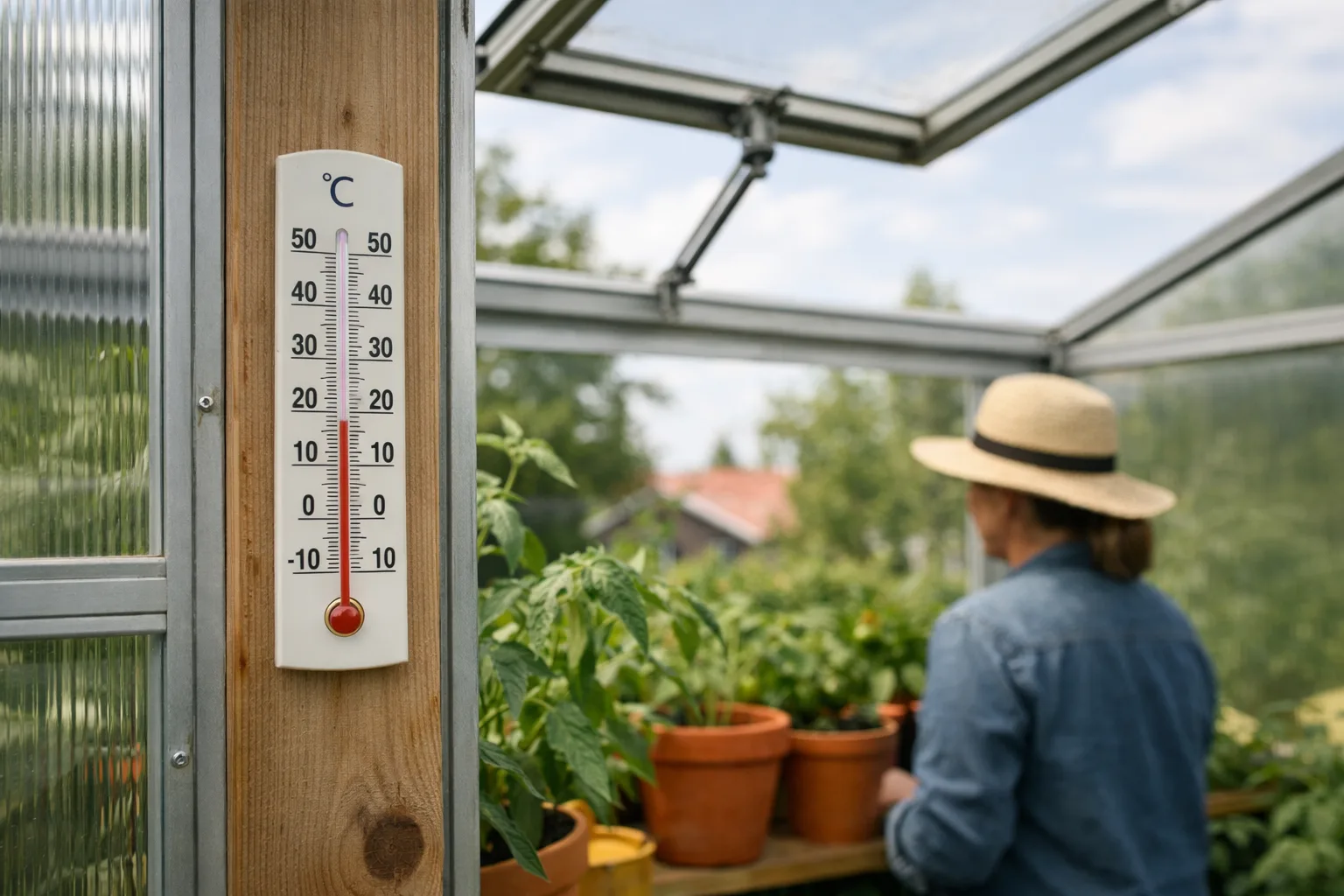 Termometer under ett öppet takfönster.