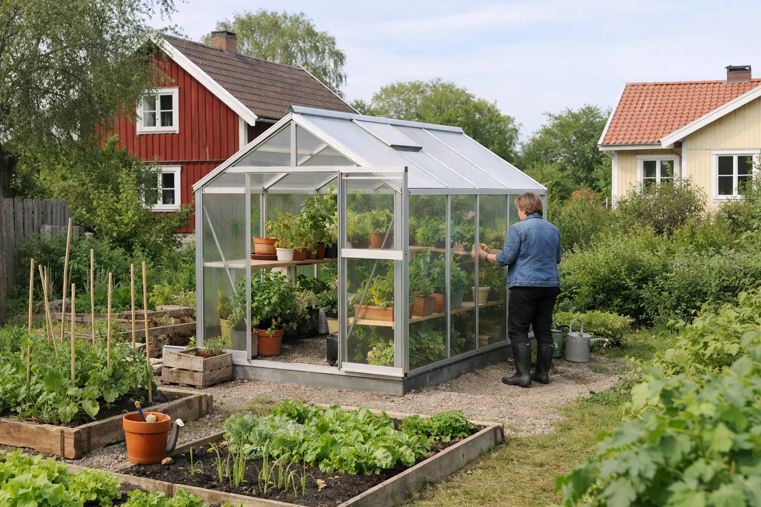 Litet växthus på en grön villatomt.