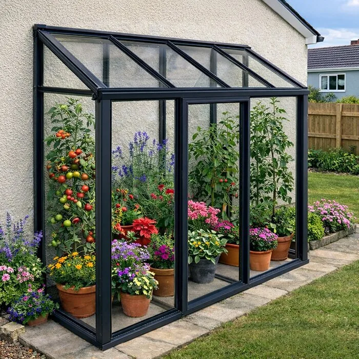 Bloomcabin Mini väggväxthus i aluminium mot en husvägg